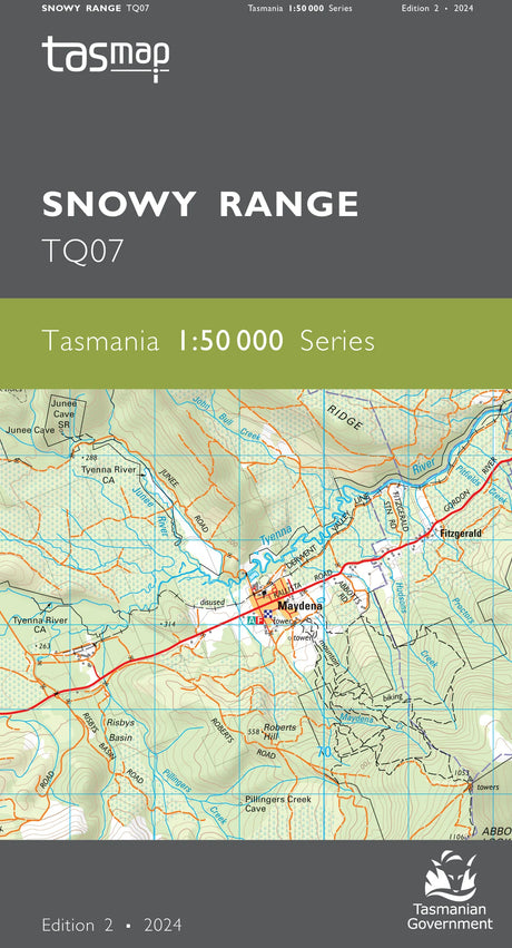 Front cover of a Tasmap Snowy Range TQ07 map booklet, showing the Tasmanian 1:50,000 Series title, a dark gray header with the Tasmap logo, and a central topographic map of the snowy range. - Tasmap 1:50000 Topographic/Cadastral Maps - Snowy Range