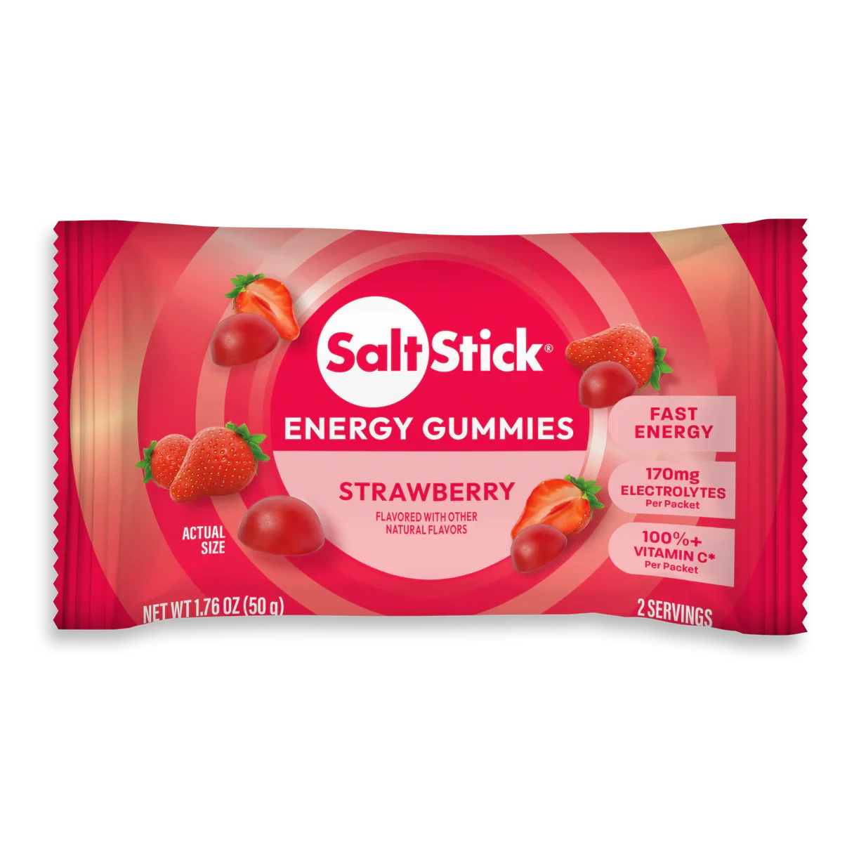 A single pack of Salt Stick Energy Gummies in Strawberry flavor, shown against a plain white background. The packaging is predominantly red and pink with illustrations of strawberries and gummies, and the Salt Stick brand logo is clearly visible. - SaltStick Energy Gummies - Strawberry - Single