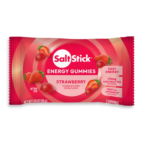 A single pack of Salt Stick Energy Gummies in Strawberry flavor, shown against a plain white background. The packaging is predominantly red and pink with illustrations of strawberries and gummies, and the Salt Stick brand logo is clearly visible. - SaltStick Energy Gummies - Strawberry - Single