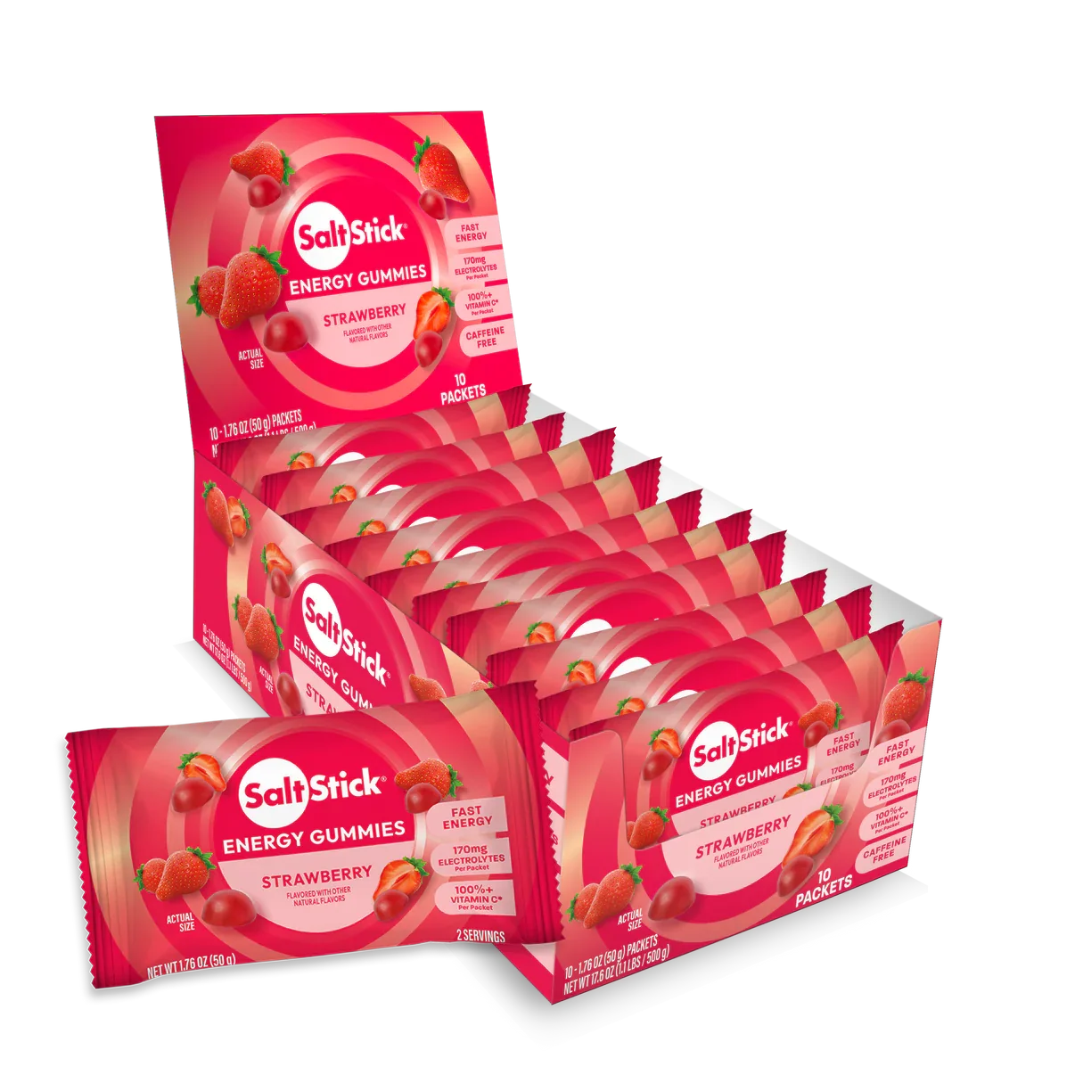 A retail display box filled with SaltStick Energy Gummies Strawberry packets, shown on a clean white background.  - SaltStick Energy Gummies - Strawberry - 10 Pack
