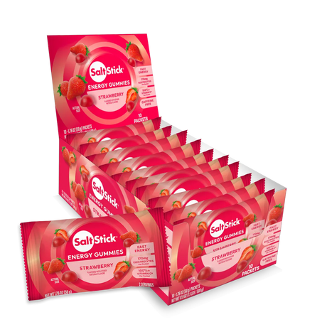 A retail display box filled with SaltStick Energy Gummies Strawberry packets, shown on a clean white background.  - SaltStick Energy Gummies - Strawberry - 10 Pack