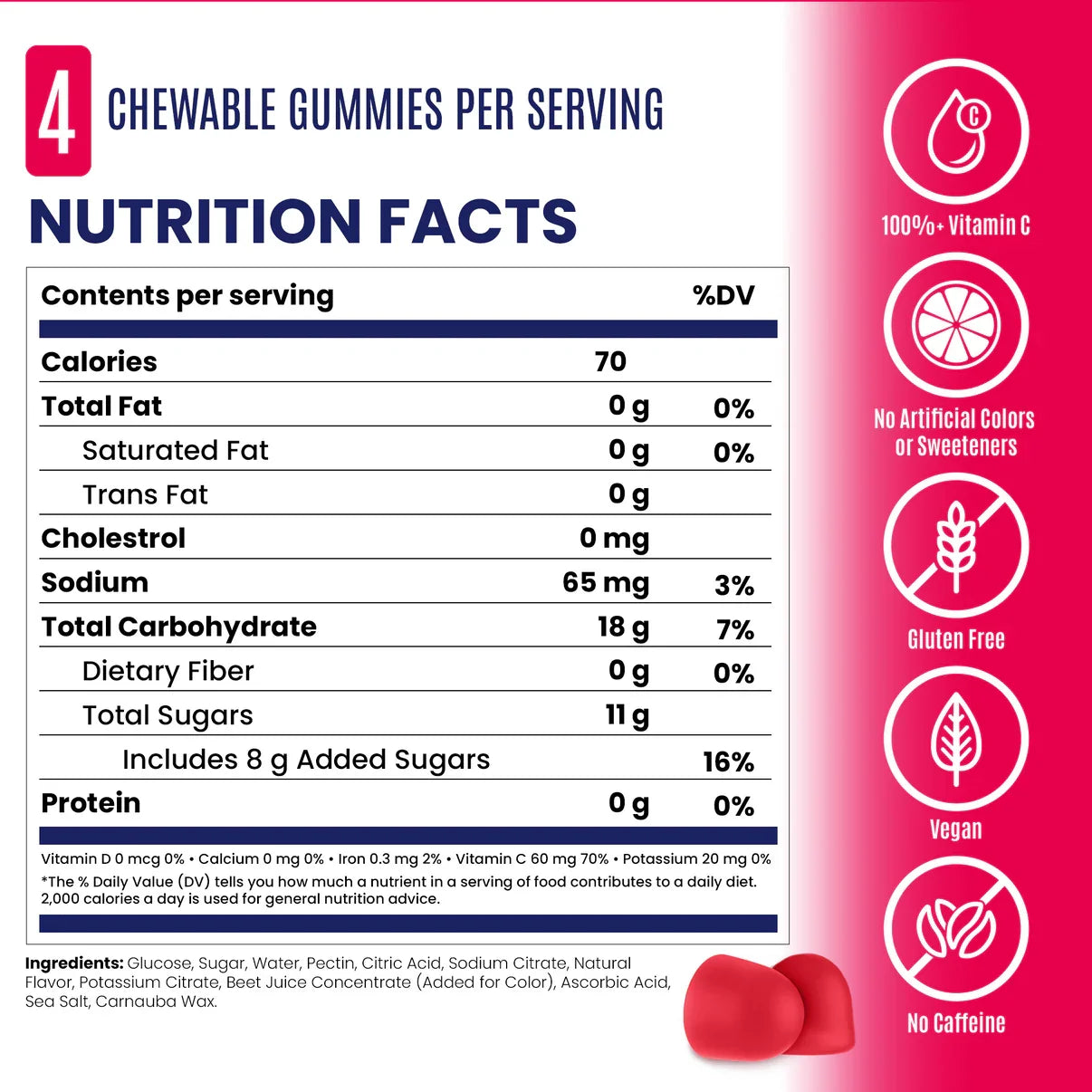 Nutrition facts label for chewable gummies with icons indicating properties like no artificial colors or sweeteners, gluten-free, vegan, and no caffeine.  - SaltStick Energy Gummies - Strawberry