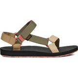 A single Teva sandal shown in profile against a white background. The sandal features olive green and beige woven straps with a black textured footbed and a coral pink outsole. - Teva Original Universal Sandals (Women's) - Burnt Olive Multi