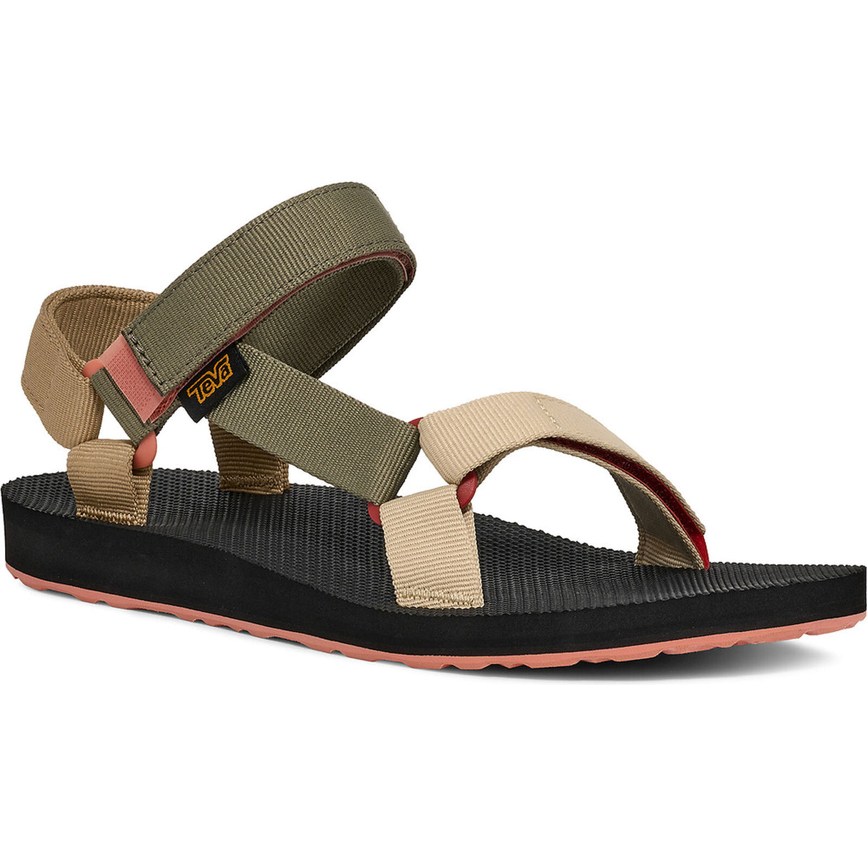 A single Teva sandal shown from a side profile on a white background. The sandal features olive green and beige woven straps, a black textured footbed, and a coral pink outsole. - Teva Original Universal Sandals (Women's) - Burnt Olive Multi