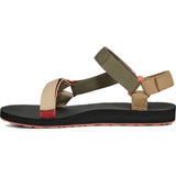 A Teendrop sandal with olive green and beige woven straps, a black textured footbed, and coral pink accents on the inner lining and outsole, shown against a plain white background. - Teva Original Universal Sandals (Women's) - Burnt Olive Multi