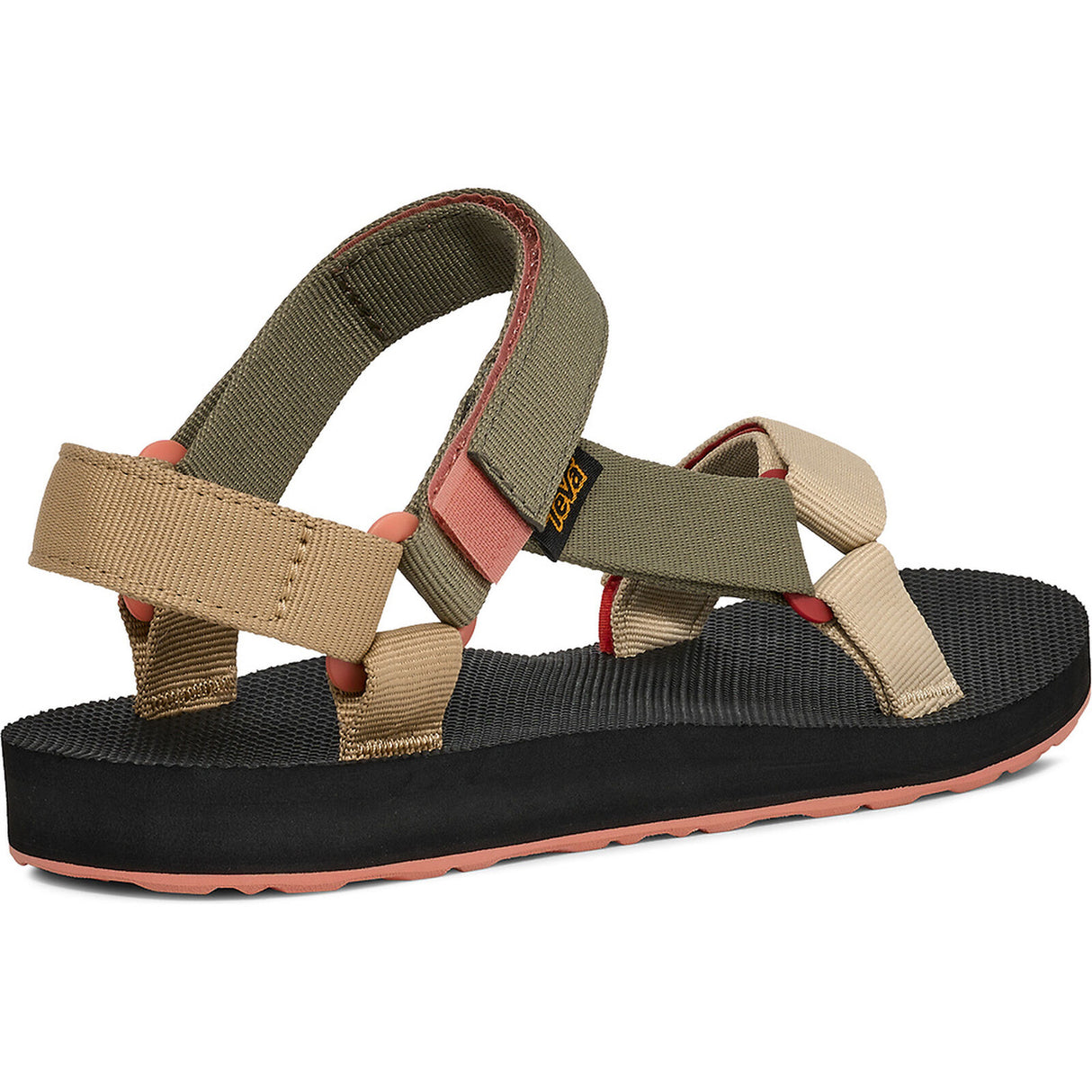 A single Teva sandal shown from a side profile view on a white background. The sandal features an olive green woven strap, beige elastic toe and heel straps, a black textured footbed, and a coral pink outsole. - Teva Original Universal Sandals (Women's) - Burnt Olive Multi