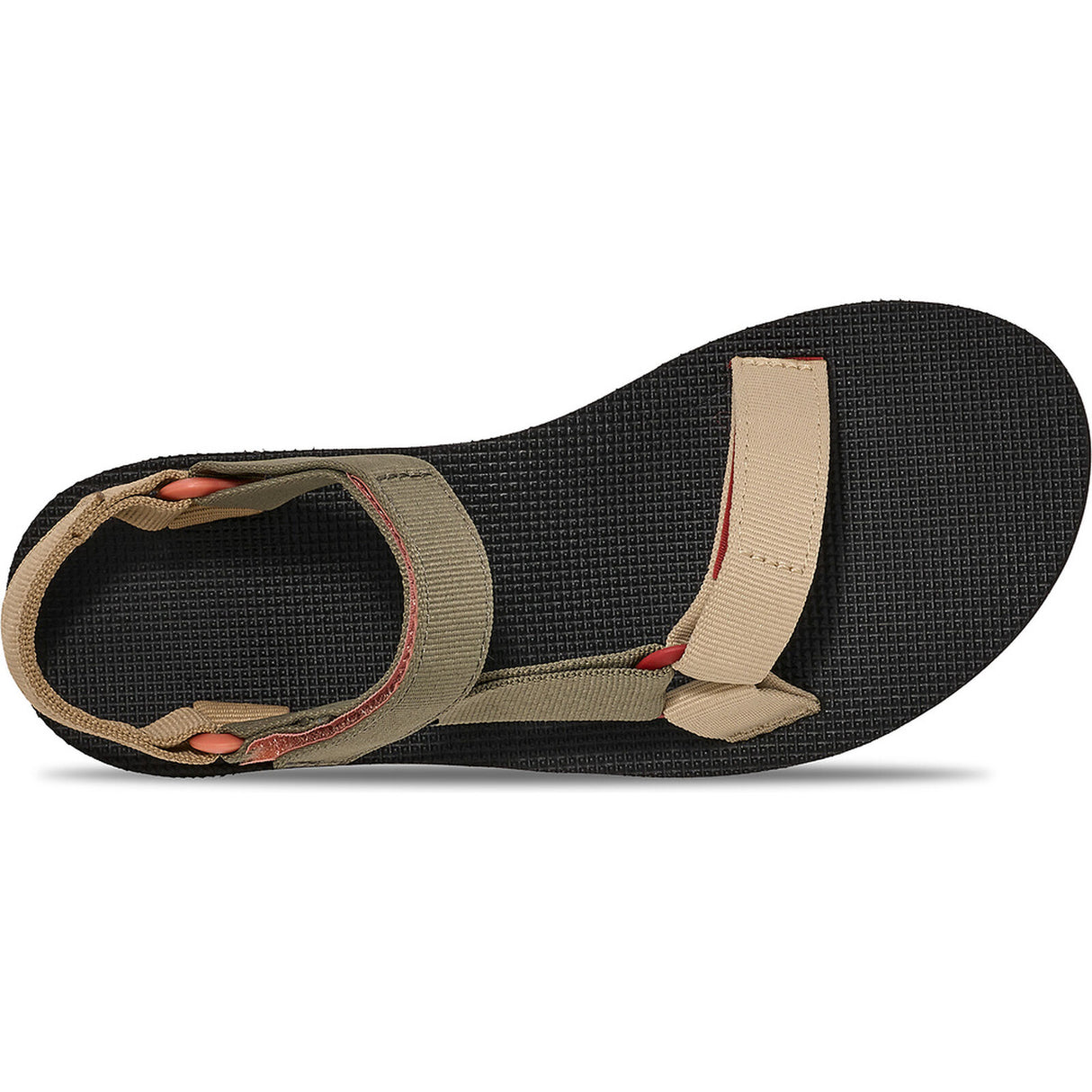 A single Teendoes sandal shown from a side profile view against a white background. The sandal features a black textured footbed, beige woven straps, and a hint of red lining. - Teva Original Universal Sandals (Women's) - Burnt Olive Multi