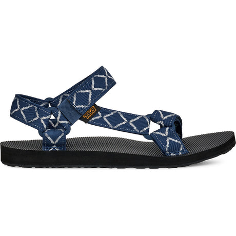 A single Teendoes brand sandal shown in profile against a white background. The sandal features navy blue woven straps with a white geometric diamond pattern and a black textured footbed and sole. - Teva Original Universal Sandals (Men's) - Diamond Olive