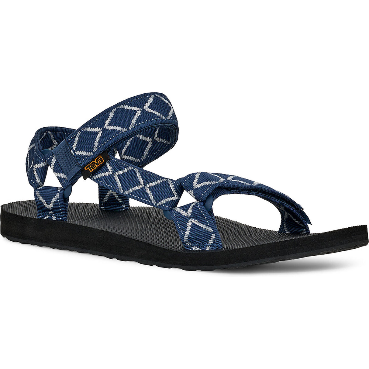 A single Teendrop sandal with navy blue woven straps featuring a white geometric diamond pattern, a black footbed, and a black sole, shown on a white background. - Teva Original Universal Sandals (Men's) - Diamond Olive