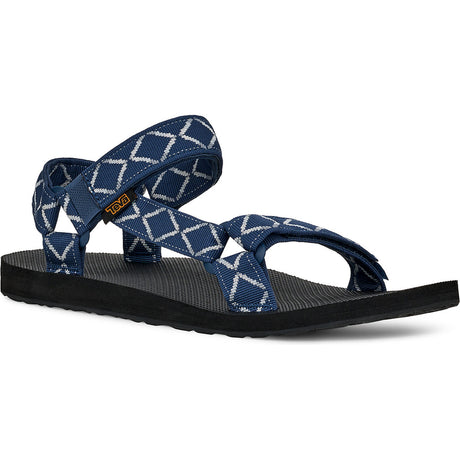 A single Teendrop sandal with navy blue woven straps featuring a white geometric diamond pattern, a black footbed, and a black sole, shown on a white background. - Teva Original Universal Sandals (Men's) - Diamond Olive