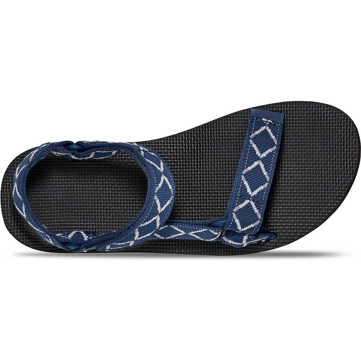 A single black textured thong sandal with navy blue straps featuring a white geometric diamond pattern, shown from a side profile view on a white background. - Teva Original Universal Sandals (Men's) - Diamond Olive