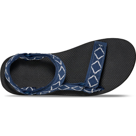 A single black textured thong sandal with navy blue straps featuring a white geometric diamond pattern, shown from a side profile view on a white background. - Teva Original Universal Sandals (Men's) - Diamond Olive