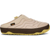 A single slip-on clog-style shoe shown in side profile on a white background. The upper is quilted in a light beige fabric, with a dark brown midsole and a yellow outsole. - Teva ReEmber Terrain (Women's) - Hummus/Chocolate Chip