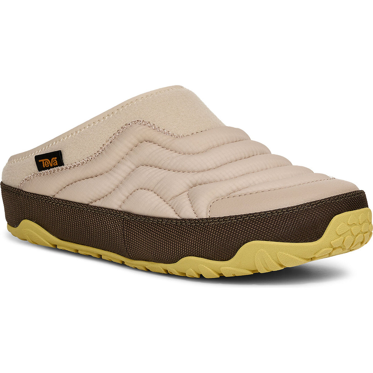 A single slip-on clog-style shoe shown in side profile on a white background. The upper is quilted in a light beige fabric, with a dark brown textured midsole section and a yellow outsole. - Teva ReEmber Terrain (Women's) - Hummus/Chocolate Chip