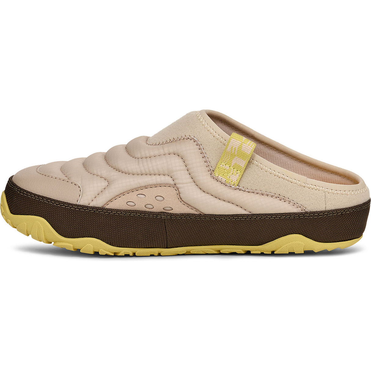 A slip-on clog-style shoe in beige quilted fabric with a dark brown midsole and a yellow outsole, shown from a side profile on a white background. - Teva ReEmber Terrain (Women's) - Hummus/Chocolate Chip