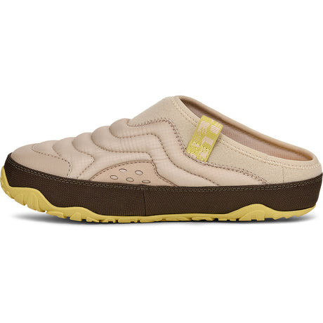 A slip-on clog-style shoe in beige quilted fabric with a dark brown midsole and a yellow outsole, shown from a side profile on a white background. - Teva ReEmber Terrain (Women's) - Hummus/Chocolate Chip