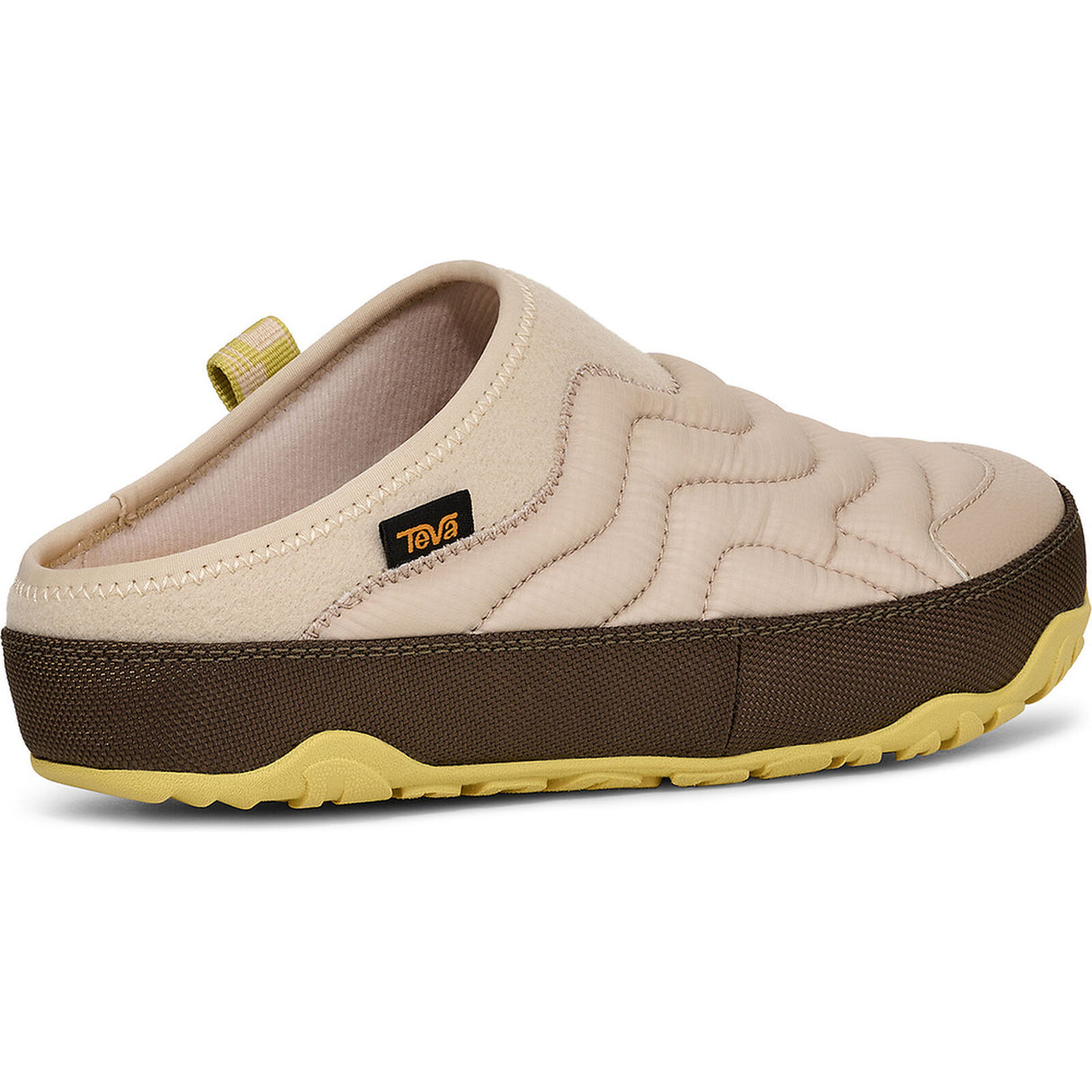 A single Tava slip-on clog shoe in beige quilted fabric with a dark brown platform sole and a yellow outsole, shown from a side profile on a white background. - Teva ReEmber Terrain (Women's) - Hummus/Chocolate Chip