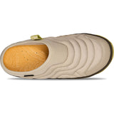 A single Clog shoe shown from a top-down view, featuring a beige textured upper, a light wood-toned footbed with 'COOL' printed on it, and a small lime green pull tab. - Teva ReEmber Terrain (Women's) - Hummus/Chocolate Chip