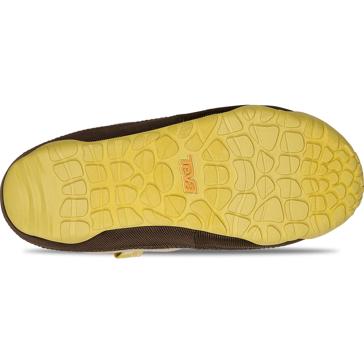 The yellow and brown treaded outsole of a shoe, showing the textured rubber pattern and a small orange TGA logo in the center, photographed on a white background. - Teva ReEmber Terrain (Women's) - Hummus/Chocolate Chip