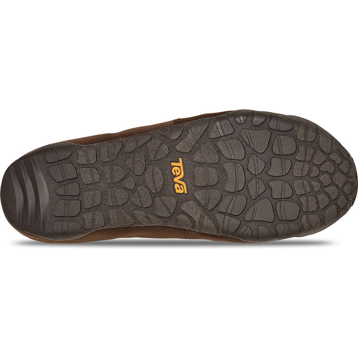 The outsole of a Teva shoe, showing a dark brown textured tread pattern with the brand name 'Teva' printed in orange near the heel, on a white background. - Teva ReEmber Terrain (Unisex) - Chocolate Chip