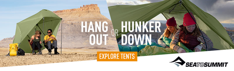 2 people in a sea to summit tent and text displayed "explore tents"