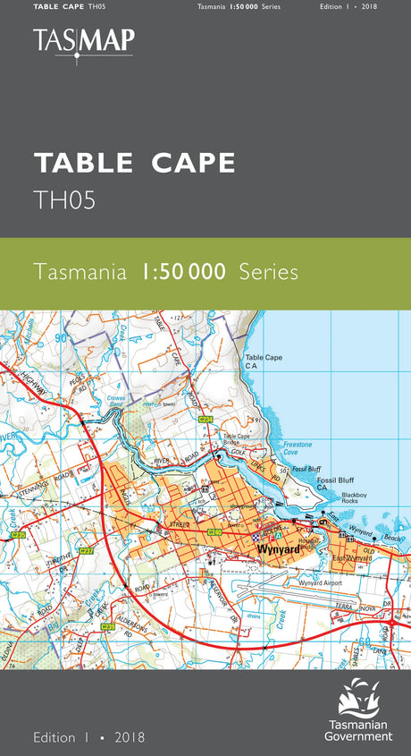 Front cover of a Tasmap Table Cape TH05 map publication for Tasmania, showing a detailed coastal map with roads, coastline, and water, plus the title and publisher branding. - Tasmap 1:50000 Topographic/Cadastral Maps - Table Cape