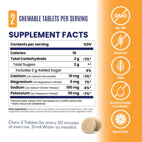 Supplement facts label with chewable tablets on an orange background - SaltStick FastChews - Tart Orange 