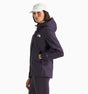 Woman wearing a the north face antora rain jacket in purple with the brand logo on the chest. with white background