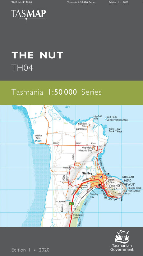 Tasmanian government map cover for The Nut TH04, 1:50,000 Series, Edition 1, 2020. The cover features a dark gray top and bottom with a green band in the middle and a detailed map of Tasmania in the center. - Tasmap 1:50000 Topographic/Cadastral Maps - The Nut