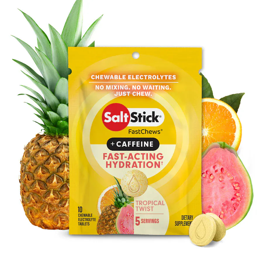 SaltStick FastChews + Caffeine package with tropical fruits on a white background - SaltStick FastChews - Tropical Twist Single