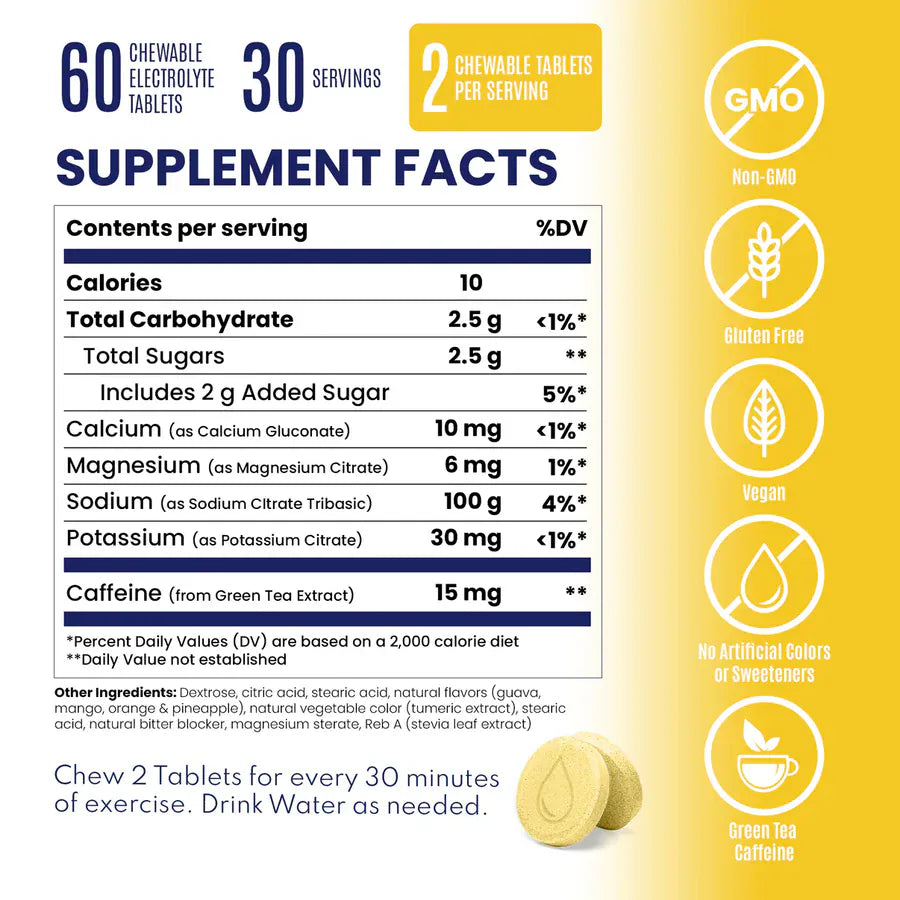 Supplement facts label with nutritional information and product details on a yellow background - SaltStick FastChews - Tropical Twist 