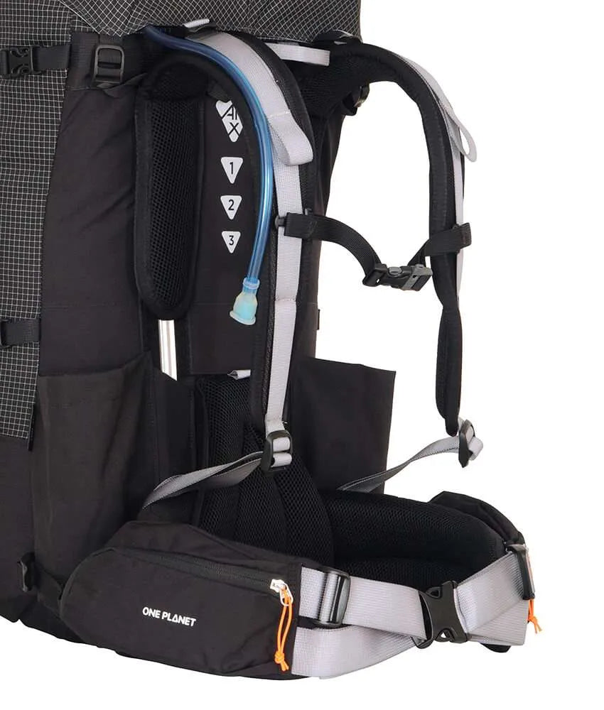 Close-up of the back and hip compartment of a black One Planet hiking backpack, showing padded shoulder straps, a hydration tube, mesh ventilation panels, and a gray adjustable hip belt on a white background. - One Planet Tussock 60L Pack - Black