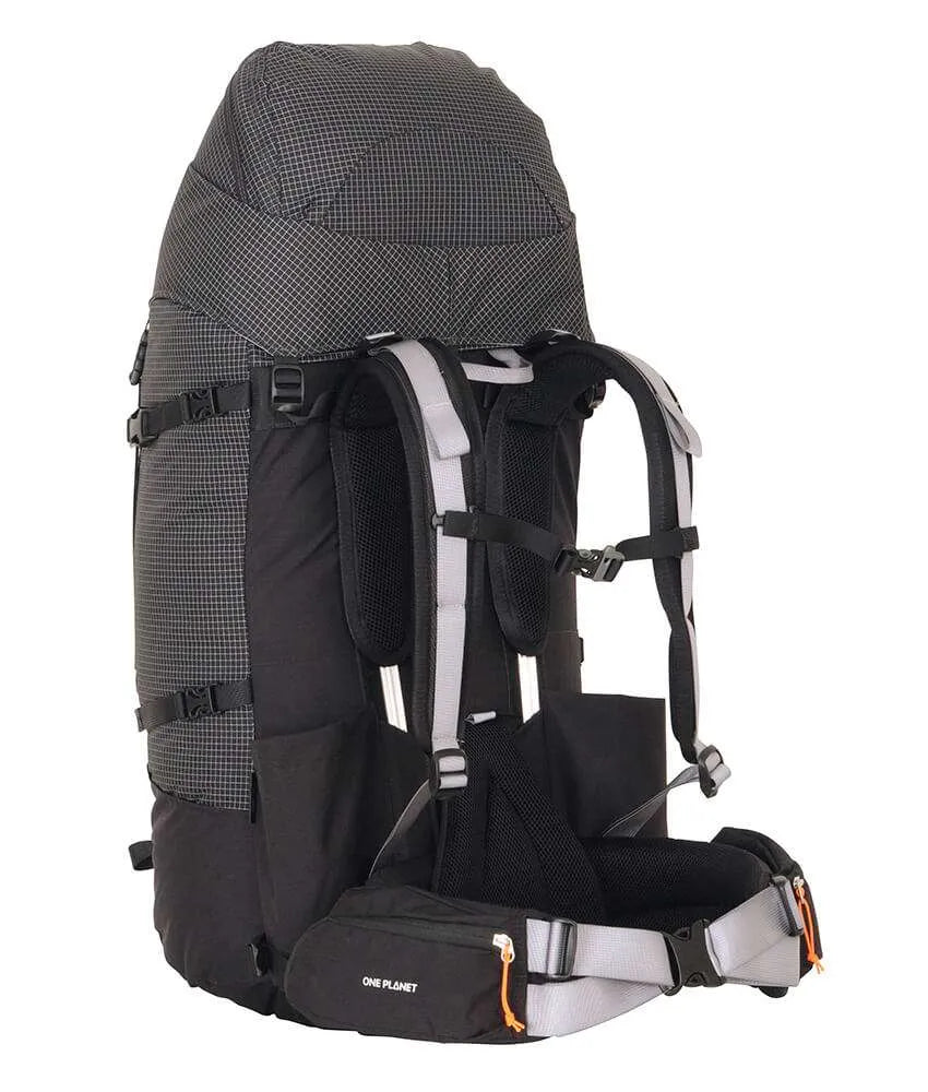 A large black and gray hiking backpack with white and gray padded shoulder straps, side compression straps, and an orange zipper accent, shown on a plain white background. - One Planet Tussock 60L Pack - Black