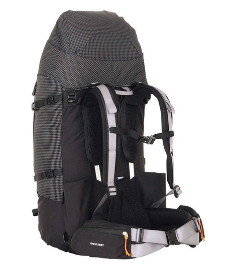A large black and gray hiking backpack with white and gray padded shoulder straps, side compression straps, and an orange zipper accent, shown on a plain white background. - One Planet Tussock 60L Pack - Black