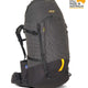 A large gray and black technical hiking backpack with yellow accents, shown on a white background with a 'Still Made in Australia' badge in the top right corner. - One Planet Tussock 60L Pack - Black