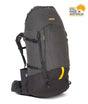 A large gray and black technical hiking backpack with yellow accents, shown on a white background with a 'Still Made in Australia' badge in the top right corner. - One Planet Tussock 60L Pack - Black