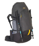 A black and gray technical hiking backpack with yellow accents, shown on a white background with two trekking poles and a water bottle attached. - One Planet Tussock 60L Pack - Black