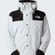 A light gray and black hooded jacket by The North Face, featuring a snap-button front, black shoulder panels, and black cuff trims, shown against a light gray background. - The North Face GORE-TEX Mountain Jacket (Men's) - Pearl Stone/TNF Black