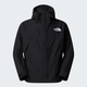 A black hooded rain jacket by The North Face, featuring a button-up front and the brand's white logo on the left chest, displayed against a light gray background. - The North Face GORE-TEX Mountain Jacket (Men's) - TNF Black/TNF Black/TNF Black