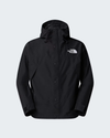A black hooded rain jacket by The North Face, featuring a button-up front and the brand's white logo on the left chest, displayed against a light gray background. - The North Face GORE-TEX Mountain Jacket (Men's) - TNF Black/TNF Black/TNF Black