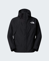 A black hooded rain jacket by The North Face, featuring a button-up front and the brand's white logo on the left chest, displayed against a light gray background. - The North Face GORE-TEX Mountain Jacket (Men's) - TNF Black/TNF Black/TNF Black