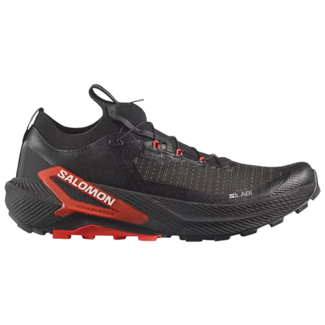 A Salomon trail running shoe in black and red, shown from a lateral side profile view against a solid white background. - Salomon S/LAB Genesis 2 Shoes (Unisex) - Black/Black/Fiery Red