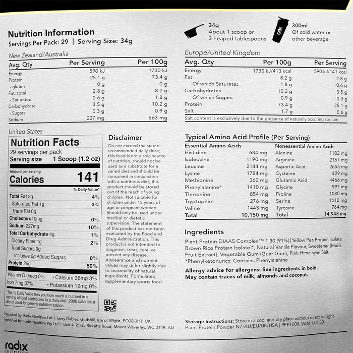 Radix Nutrition Plant Protein DIAAS Complex 1.30 - Vanilla - 1kg Bag - Find Your Feet Australia Hobart Launceston Tasmania