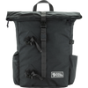 A dark gray Jell Raven backpack with a top handle, roll-top zipper, and multiple black straps and buckles, shown against a plain white background. - Fjällräven Vardag Foldsack 25 - Coal Black