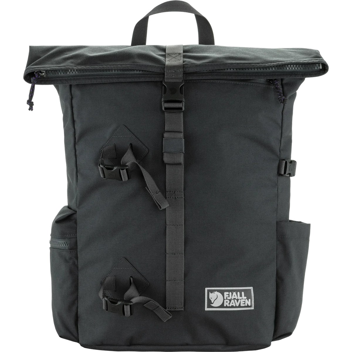 A dark gray Jell Raven backpack with a top handle, roll-top zipper, and multiple black straps and buckles, shown against a plain white background. - Fjällräven Vardag Foldsack 25 - Coal Black