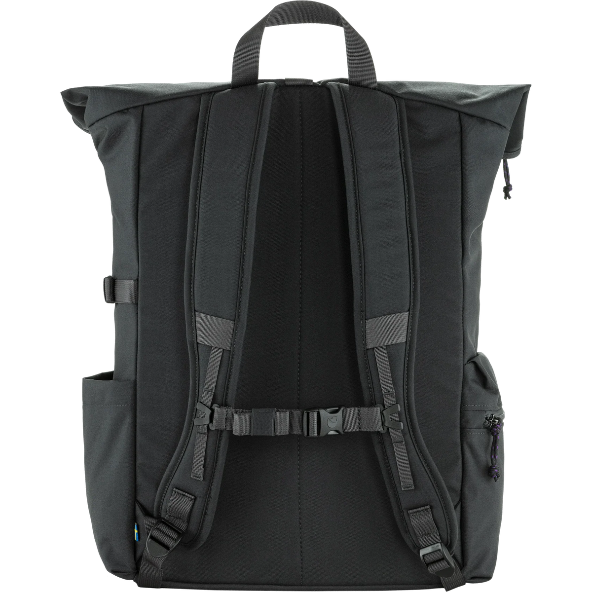 The back view of a black roll-top backpack, showing the padded shoulder straps, central back panel, side pockets, and top carry handle against a solid white background. - Fjällräven Vardag Foldsack 25 - Coal Black