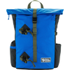 A Fjall Raven backpack in vibrant blue with dark gray side panels and olive green straps, shown on a clean white background. - Fjällräven Vardag Foldsack 25 - Un Blue/Coal Black