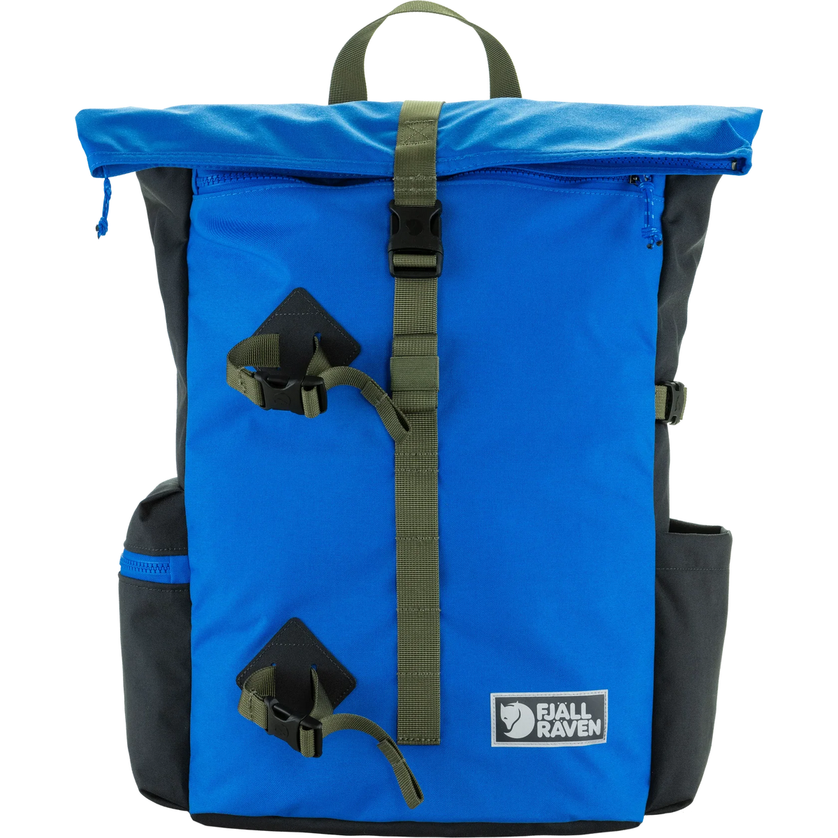 A Fjall Raven backpack in vibrant blue with dark gray side panels and olive green straps, shown on a clean white background. - Fjällräven Vardag Foldsack 25 - Un Blue/Coal Black