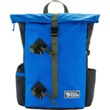 A Fjall Raven backpack in vibrant blue with dark gray side panels and olive green straps, shown on a clean white background. - Fjällräven Vardag Foldsack 25 - Un Blue/Coal Black