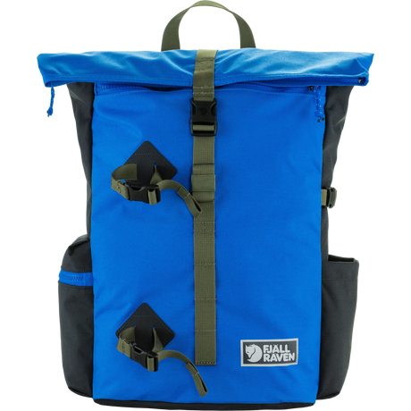 A Fjall Raven backpack in vibrant blue with dark gray side panels and olive green straps, shown on a clean white background. - Fjällräven Vardag Foldsack 25 - Un Blue/Coal Black